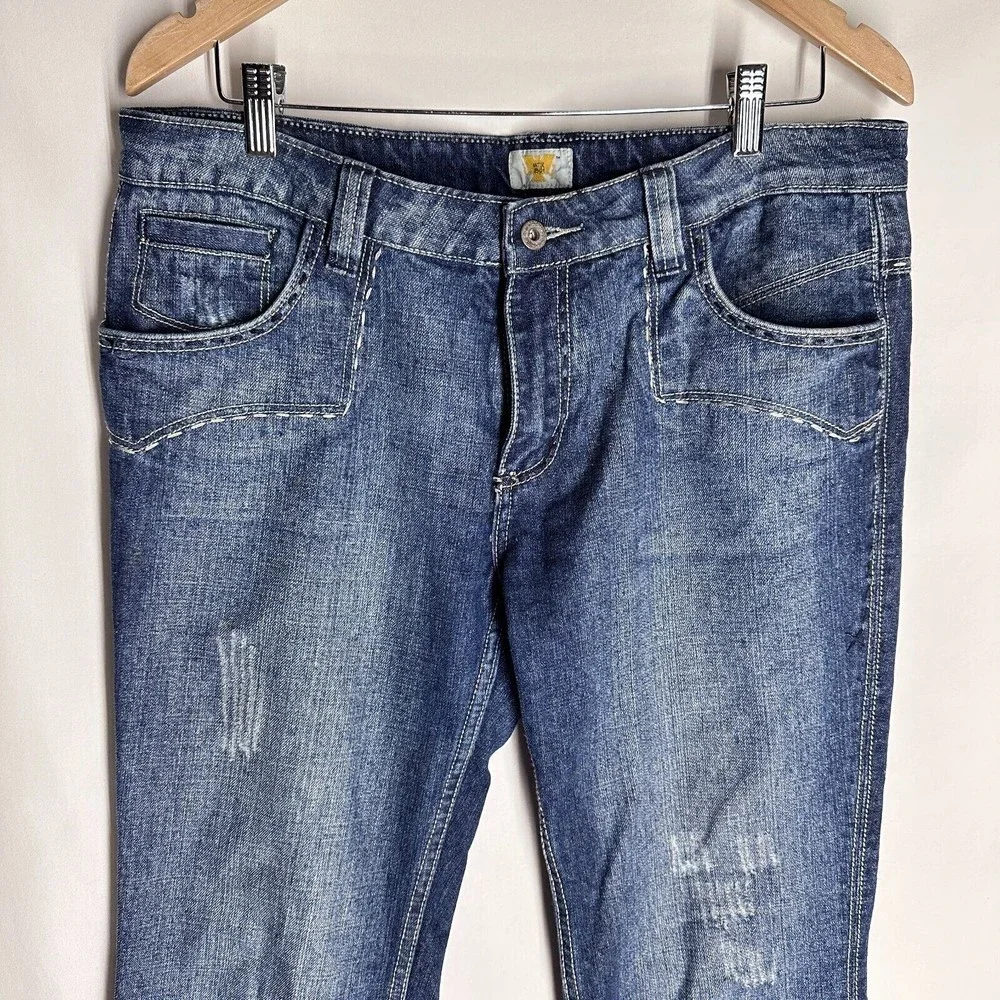 Antik Womens Denim Y2K Mid-Rise Blue Distress Patchwork Cow Girl Jeans Size 32 - Picture 3 of 10